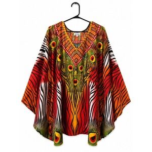 Jovie Womens Kaftan Blouse Top One Size Peacock Zebra Print Multicolor Boho